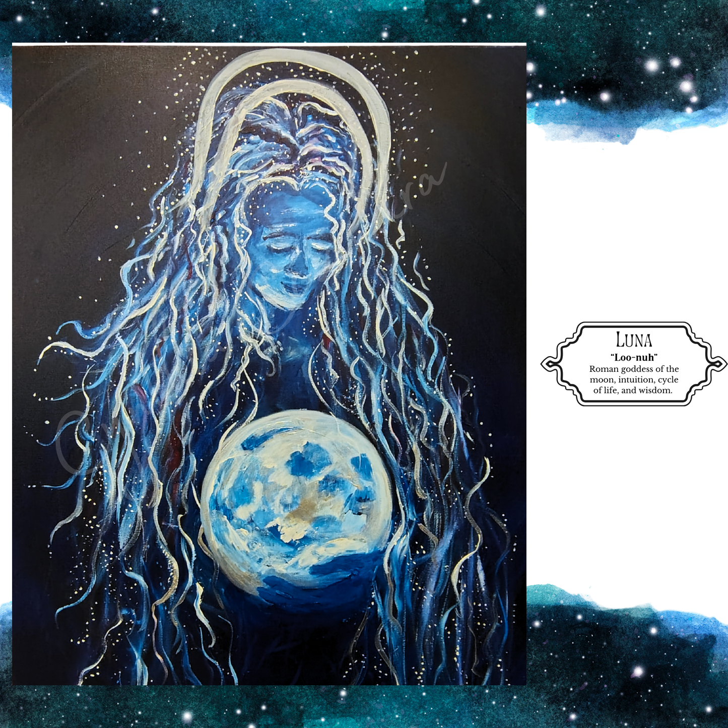 Celestial Goddess Art Print – Moon & Cosmic Wall Art with Mat Frame | 4x6 or 8x10 Nature-Inspired Spiritual Decor