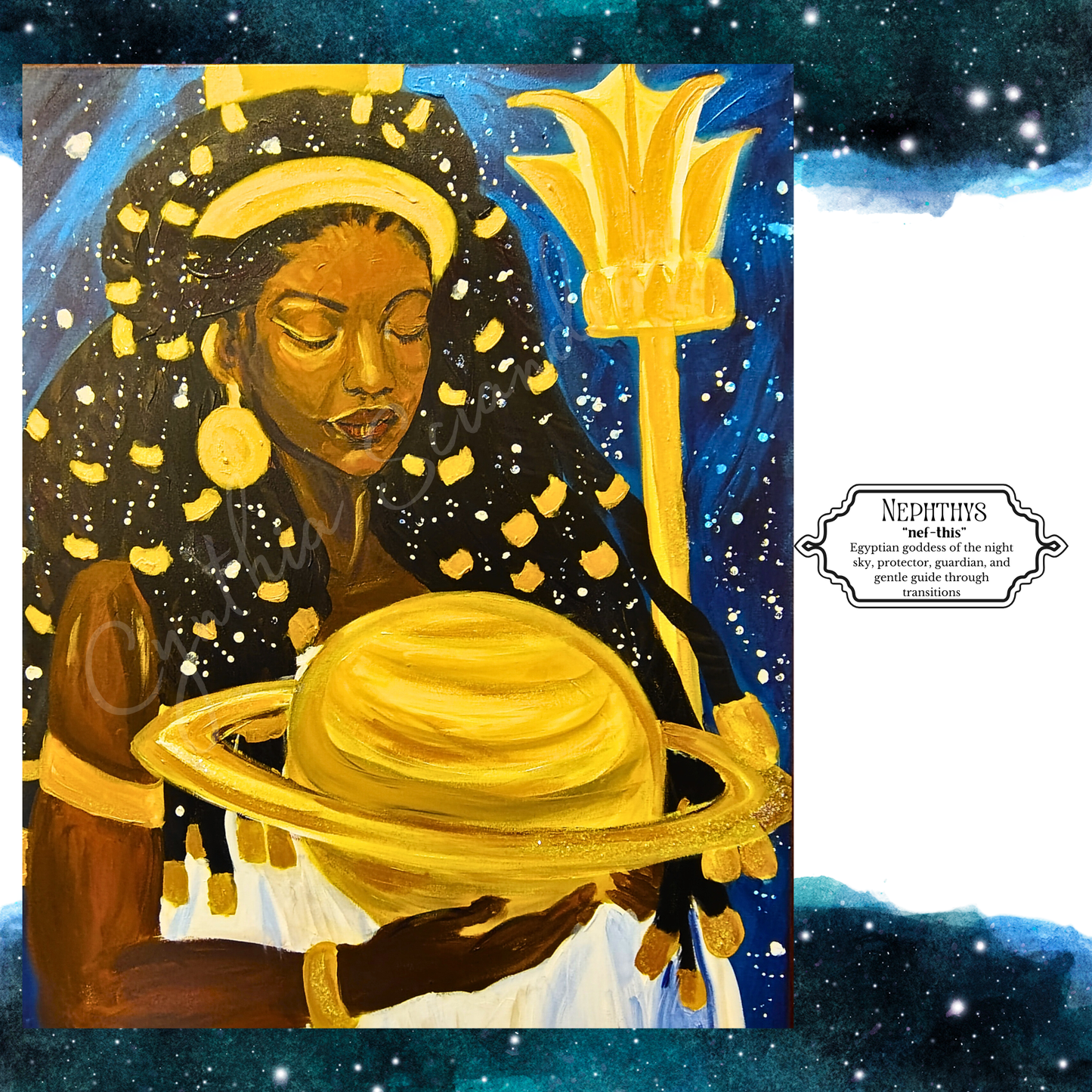 Celestial Goddess Art Print – Moon & Cosmic Wall Art with Mat Frame | 4x6 or 8x10 Nature-Inspired Spiritual Decor